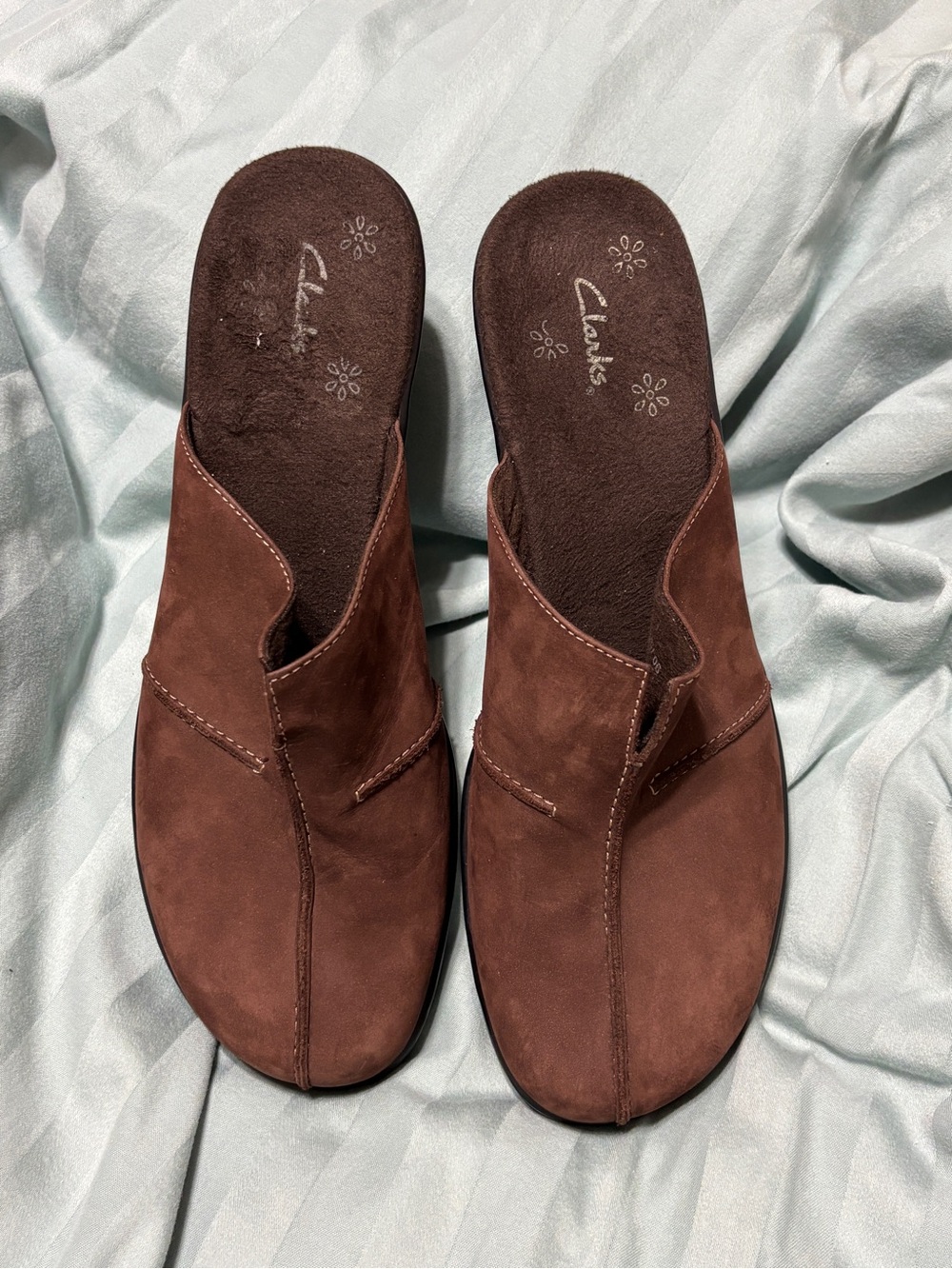Clarks Brown Suede Slip-On Wedge Mules Size 7.5